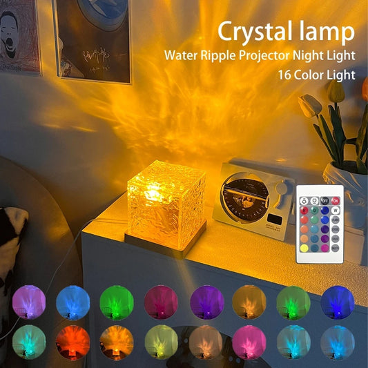 LED Water Ripple Ambient Night Light – USB Rotating Crystal Projection Lamp (RGB, 16 Colors)